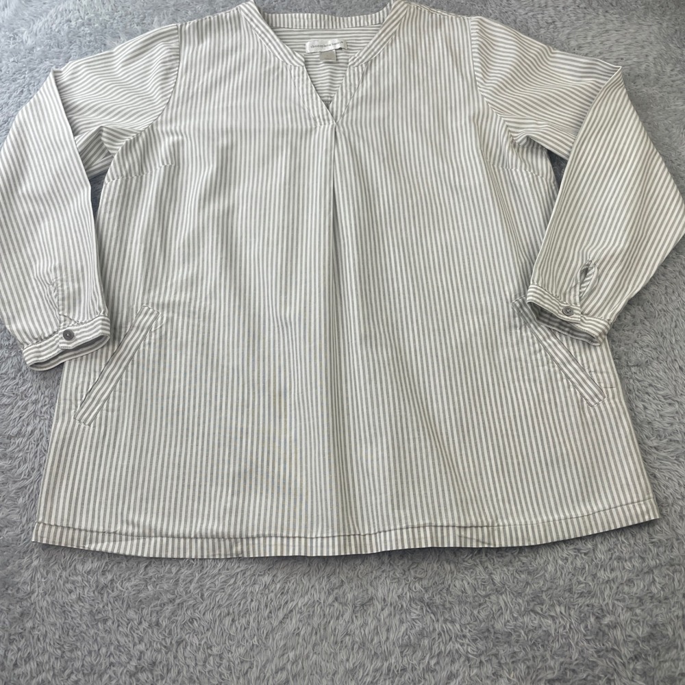 Christopher & Banks Popover Top Womens Large Grey White Striped Cotton V-Neck L